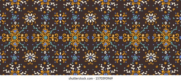 Seamless floral pattern folk colorful flowers and leaves. Flower embroidery. Talavera pattern. Indian patchwork. Turkish ornament. Spanish ethnic background. Mediterranean seamless wallpaper.