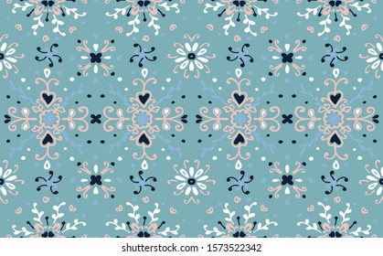 Seamless floral pattern folk colorful flowers and leaves. Flower embroidery. Talavera pattern. Indian patchwork. Turkish ornament. Spanish ethnic background. Mediterranean seamless wallpaper.