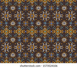 Seamless floral pattern folk colorful flowers and leaves. Flower embroidery. Talavera pattern. Indian patchwork. Turkish ornament. Spanish ethnic background. Mediterranean seamless wallpaper.