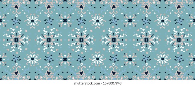 Seamless floral pattern folk colorful flowers and leaves. Flower embroidery. Talavera pattern. Indian patchwork. Turkish ornament. Spanish ethnic background. Mediterranean seamless wallpaper.