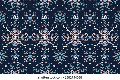 Seamless floral pattern folk colorful flowers and leaves. Flower embroidery. Talavera pattern. Indian patchwork. Turkish ornament. Spanish ethnic background. Mediterranean seamless wallpaper.