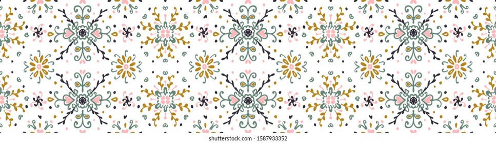 Seamless floral pattern folk colorful flowers and leaves. Flower embroidery. Talavera pattern. Indian patchwork. Turkish ornament. Spanish ethnic background. Mediterranean seamless wallpaper.