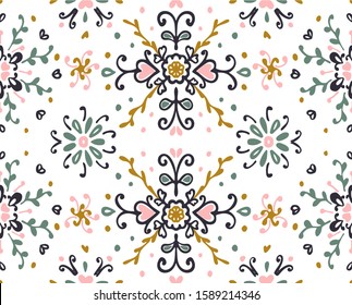 Seamless floral pattern folk colorful flowers and leaves. Flower embroidery. Talavera pattern. Indian patchwork. Turkish ornament. Spanish ethnic background. Mediterranean seamless wallpaper.