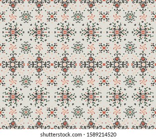 Seamless floral pattern folk colorful flowers and leaves. Flower embroidery. Talavera pattern. Indian patchwork. Turkish ornament. Spanish ethnic background. Mediterranean seamless wallpaper.