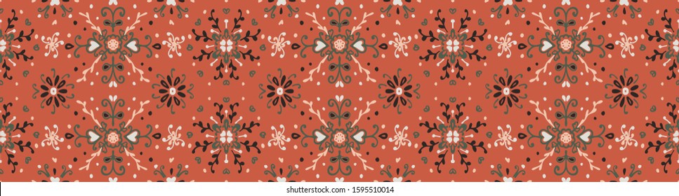Seamless floral pattern folk colorful flowers and leaves. Flower embroidery. Talavera pattern. Indian patchwork. Turkish ornament. Spanish ethnic background. Mediterranean seamless wallpaper.