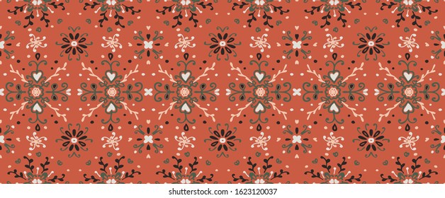 Seamless floral pattern folk colorful flowers and leaves. Flower embroidery. Talavera pattern. Indian patchwork. Turkish ornament. Spanish ethnic background. Mediterranean seamless wallpaper.