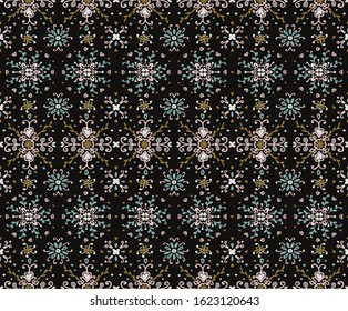 Seamless floral pattern folk colorful flowers and leaves. Flower embroidery. Talavera pattern. Indian patchwork. Turkish ornament. Spanish ethnic background. Mediterranean seamless wallpaper.