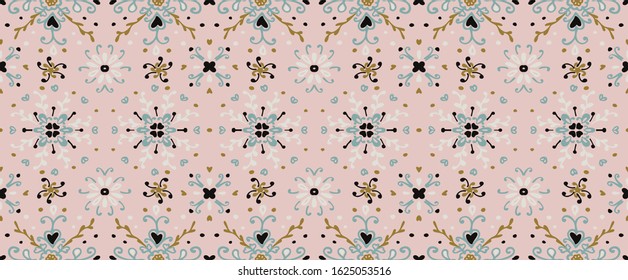 Seamless floral pattern folk colorful flowers and leaves. Flower embroidery. Talavera pattern. Indian patchwork. Turkish ornament. Spanish ethnic background. Mediterranean seamless wallpaper.