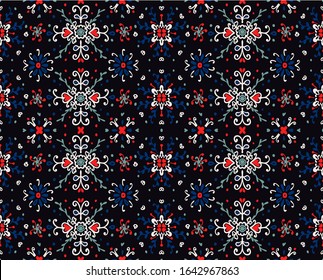 Seamless floral pattern folk colorful flowers and leaves. Flower embroidery. Talavera pattern. Indian patchwork. Turkish ornament. Spanish ethnic background. Mediterranean seamless wallpaper.