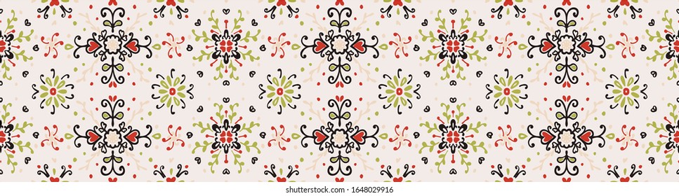 Seamless floral pattern folk colorful flowers and leaves. Flower embroidery. Talavera pattern. Indian patchwork. Turkish ornament. Spanish ethnic background. Mediterranean seamless wallpaper.