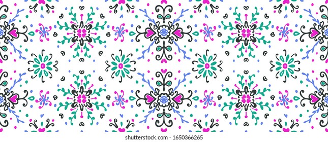Seamless floral pattern folk colorful flowers and leaves. Flower embroidery. Talavera pattern. Indian patchwork. Turkish ornament. Spanish ethnic background. Mediterranean seamless wallpaper.