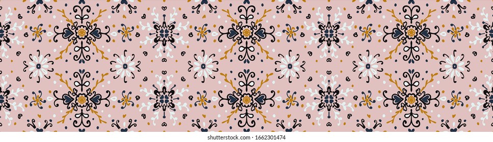 Seamless floral pattern folk colorful flowers and leaves. Flower embroidery. Talavera pattern. Indian patchwork. Turkish ornament. Spanish ethnic background. Mediterranean seamless wallpaper.