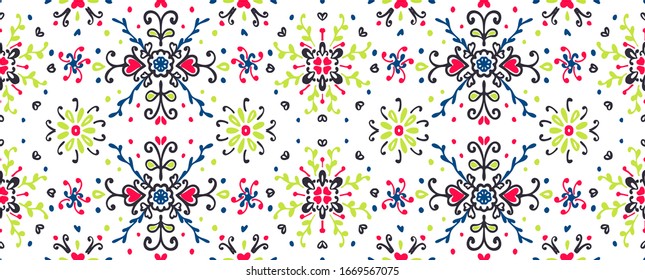 Seamless floral pattern folk colorful flowers and leaves. Flower embroidery. Talavera pattern. Indian patchwork. Turkish ornament. Spanish ethnic background. Mediterranean seamless wallpaper.