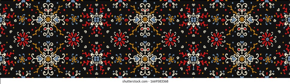 Seamless floral pattern folk colorful flowers and leaves. Flower embroidery. Talavera pattern. Indian patchwork. Turkish ornament. Spanish ethnic background. Mediterranean seamless wallpaper.