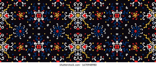 Seamless floral pattern folk colorful flowers and leaves. Flower embroidery. Talavera pattern. Indian patchwork. Turkish ornament. Spanish ethnic background. Mediterranean seamless wallpaper.