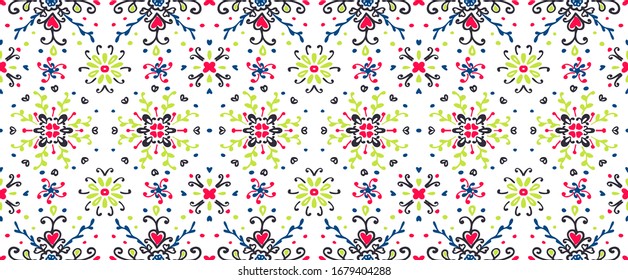 Nahtlose Blumenmuster Folk bunte Blumen und Blätter. Blumenstickerei.Talavera-Muster. Indisches Flickwerk. Türkische Ornamente. Spanischer ethnischer Hintergrund. Mittelmeer-Tapete.