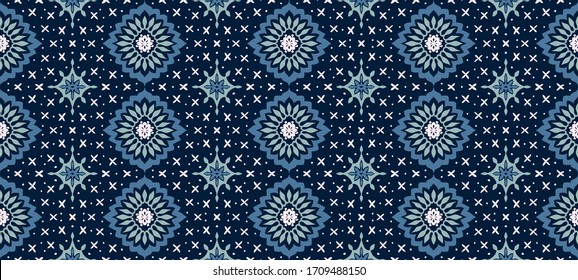 Seamless floral pattern folk colorful flowers and leaves. Flower embroidery. Talavera pattern. Indian patchwork. Turkish ornament. Spanish ethnic background. Mediterranean seamless wallpaper.