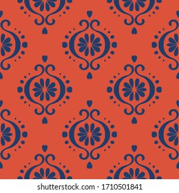 Seamless floral pattern folk colorful flowers and leaves. Flower embroidery. Talavera pattern. Indian patchwork. Turkish ornament. Spanish ethnic background. Mediterranean seamless wallpaper.