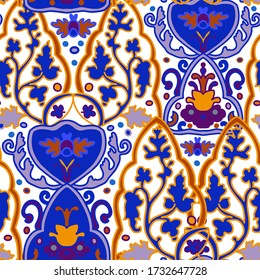 Seamless floral pattern folk colorful flowers and leaves. Indian, turkish, spanish ornament. ethnic style. Mediterranean seamless wallpaper. Ramadan ornament