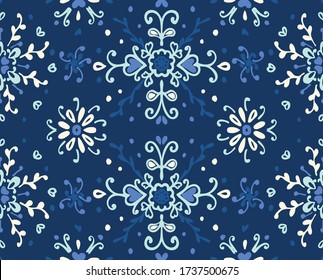 Seamless floral pattern folk colorful flowers and leaves. Flower embroidery. Talavera pattern. Indian patchwork. Turkish ornament. Spanish ethnic background. Mediterranean seamless wallpaper.