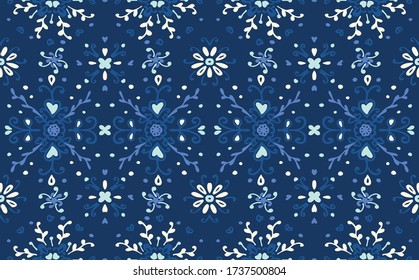 Seamless floral pattern folk colorful flowers and leaves. Flower embroidery. Talavera pattern. Indian patchwork. Turkish ornament. Spanish ethnic background. Mediterranean seamless wallpaper.