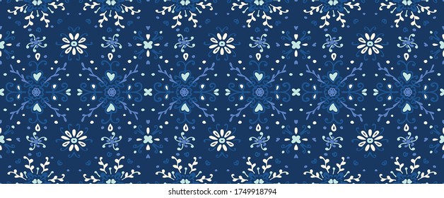 Seamless floral pattern folk colorful flowers and leaves. Flower embroidery. Talavera pattern. Indian patchwork. Turkish ornament. Spanish ethnic background. Mediterranean seamless wallpaper.