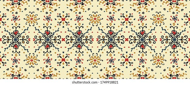 Seamless floral pattern folk colorful flowers and leaves. Flower embroidery. Talavera pattern. Indian patchwork. Turkish ornament. Spanish ethnic background. Mediterranean seamless wallpaper.