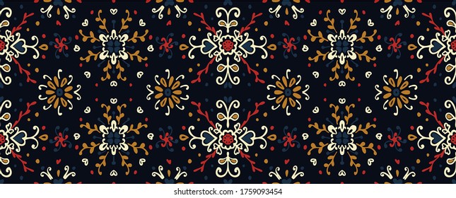 Seamless floral pattern folk colorful flowers and leaves. Flower embroidery. Talavera pattern. Indian patchwork. Turkish ornament. Spanish ethnic background. Mediterranean seamless wallpaper.
