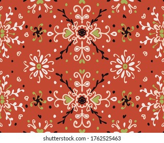 Seamless floral pattern folk colorful flowers and leaves. Flower embroidery. Talavera pattern. Indian patchwork. Turkish ornament. Spanish ethnic background. Mediterranean seamless wallpaper.