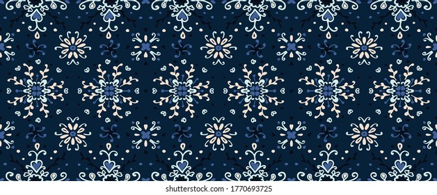 Seamless floral pattern folk colorful flowers and leaves. Flower embroidery. Talavera pattern. Indian patchwork. Turkish ornament. Spanish ethnic background. Mediterranean seamless wallpaper.