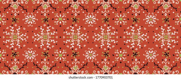 Seamless floral pattern folk colorful flowers and leaves. Flower embroidery. Talavera pattern. Indian patchwork. Turkish ornament. Spanish ethnic background. Mediterranean seamless wallpaper.