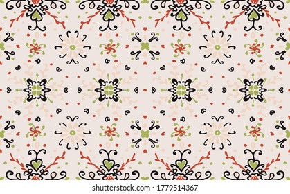 Flores y hojas folclóricas sin foco. bordado de flores. Patrón de Talavera. Papeleo indio. Ornamento turco. Origen étnico español. Papel de fondo mediterráneo impecable.