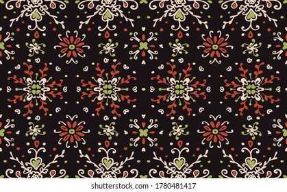 Seamless floral pattern folk colorful flowers and leaves. Flower embroidery. Talavera pattern. Indian patchwork. Turkish ornament. Spanish ethnic background. Mediterranean seamless wallpaper.