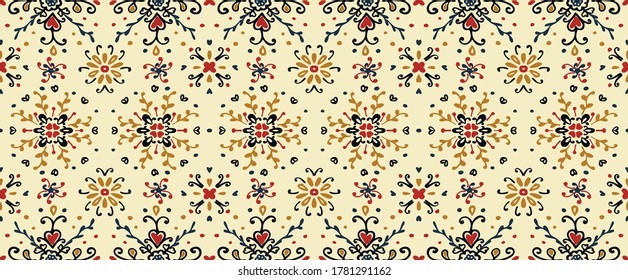 Seamless floral pattern folk colorful flowers and leaves. Flower embroidery. Talavera pattern. Indian patchwork. Turkish ornament. Spanish ethnic background. Mediterranean seamless wallpaper.