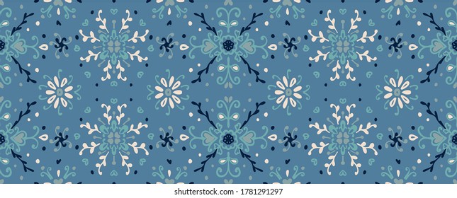 Seamless floral pattern folk colorful flowers and leaves. Flower embroidery. Talavera pattern. Indian patchwork. Turkish ornament. Spanish ethnic background. Mediterranean seamless wallpaper.