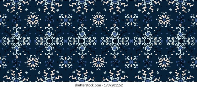 Seamless floral pattern folk colorful flowers and leaves. Flower embroidery. Talavera pattern. Indian patchwork. Turkish ornament. Spanish ethnic background. Mediterranean seamless wallpaper.