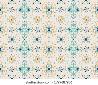 Seamless floral pattern folk colorful flowers and leaves. Flower embroidery. Talavera pattern. Indian patchwork. Turkish ornament. Spanish ethnic background. Mediterranean seamless wallpaper.