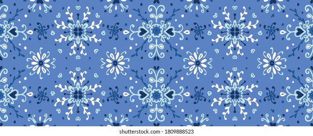 Seamless floral pattern folk colorful flowers and leaves. Flower embroidery. Talavera pattern. Indian patchwork. Turkish ornament. Spanish ethnic background. Mediterranean seamless wallpaper.