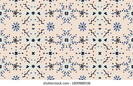 Seamless floral pattern folk colorful flowers and leaves. Flower embroidery. Talavera pattern. Indian patchwork. Turkish ornament. Spanish ethnic background. Mediterranean seamless wallpaper.