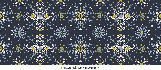 Seamless floral pattern folk colorful flowers and leaves. Flower embroidery. Talavera pattern. Indian patchwork. Turkish ornament. Spanish ethnic background. Mediterranean seamless wallpaper.