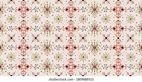 Seamless floral pattern folk colorful flowers and leaves. Flower embroidery. Talavera pattern. Indian patchwork. Turkish ornament. Spanish ethnic background. Mediterranean seamless wallpaper.