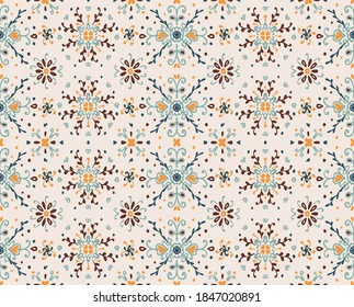 Seamless floral pattern folk colorful flowers and leaves. Flower embroidery. Talavera pattern. Indian patchwork. Turkish ornament. Spanish ethnic background. Mediterranean seamless wallpaper.