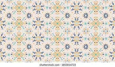 Seamless floral pattern folk colorful flowers and leaves. Flower embroidery. Talavera pattern. Indian patchwork. Turkish ornament. Spanish ethnic background. Mediterranean seamless wallpaper.