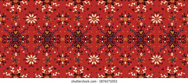 Seamless floral pattern folk colorful flowers and leaves. Flower embroidery. Talavera pattern. Indian patchwork. Turkish ornament. Spanish ethnic background. Mediterranean seamless wallpaper.