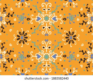 Seamless floral pattern folk colorful flowers and leaves. Flower embroidery. Talavera pattern. Indian patchwork. Turkish ornament. Spanish ethnic background. Mediterranean seamless wallpaper.