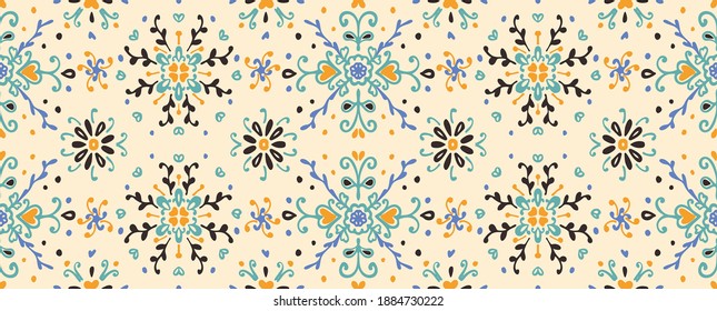 Seamless floral pattern folk colorful flowers and leaves. Flower embroidery. Talavera pattern. Indian patchwork. Turkish ornament. Spanish ethnic background. Mediterranean seamless wallpaper.