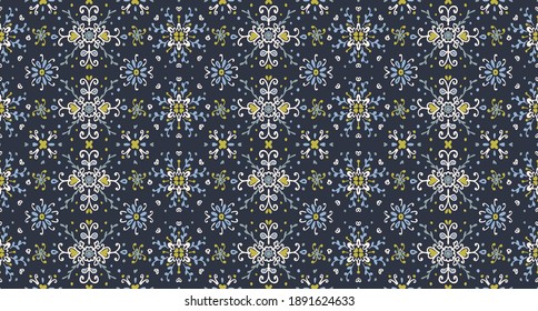 Seamless floral pattern folk colorful flowers and leaves. Flower embroidery. Talavera pattern. Indian patchwork. Turkish ornament. Spanish ethnic background. Mediterranean seamless wallpaper.