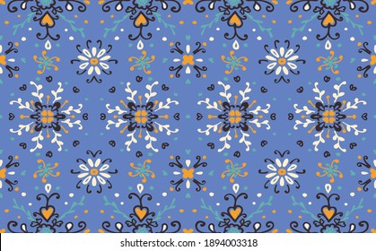 Seamless floral pattern folk colorful flowers and leaves. Flower embroidery. Talavera pattern. Indian patchwork. Turkish ornament. Spanish ethnic background. Mediterranean seamless wallpaper.