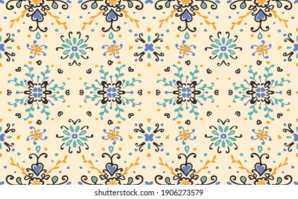 Seamless floral pattern folk colorful flowers and leaves. Flower embroidery. Talavera pattern. Indian patchwork. Turkish ornament. Spanish ethnic background. Mediterranean seamless wallpaper.