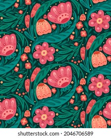 Seamless floral pattern with folk decoration on a green background. Texture with flowers and foliage with a naive ornaments. Vector natural wallpaper with plants with embroidery. Fabric with tulips
